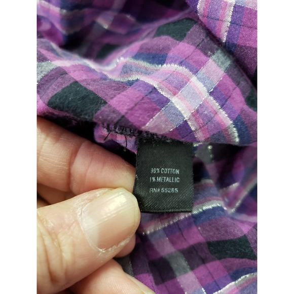 Express Womens Purple/Pink Plaid Rolled Tab Sleeves Size Small Metallic Accent - Picture 4 of 8
